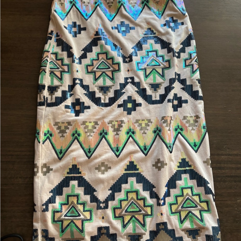 Express Beige Midi Skirt with Blue & Green Aztec Print